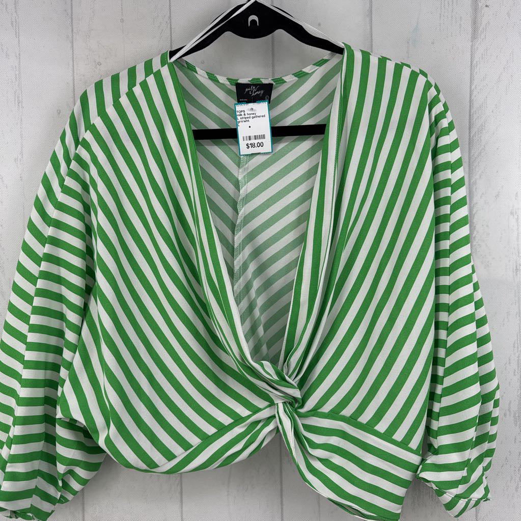 L striped gathered 3/4 slv top
