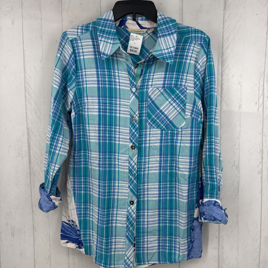 S mixed print button down l/s top