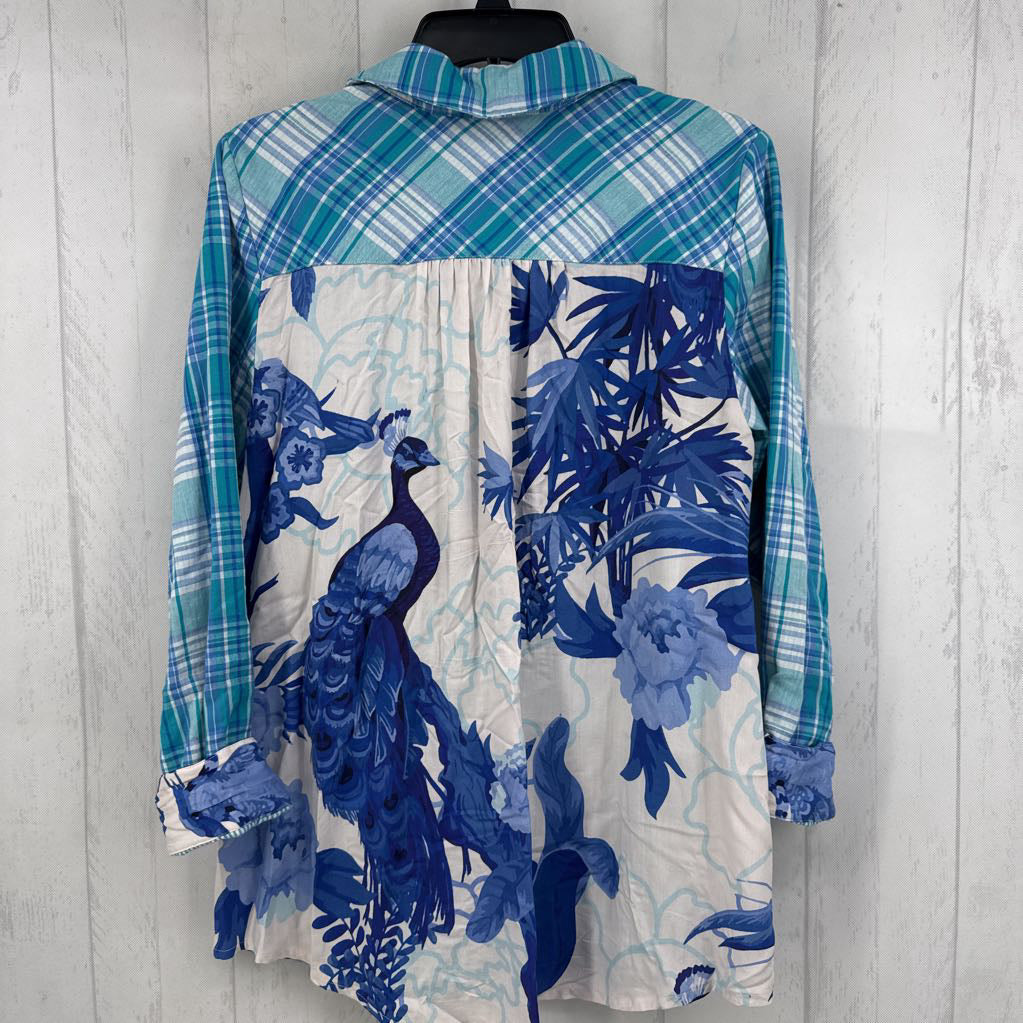 S mixed print button down l/s top
