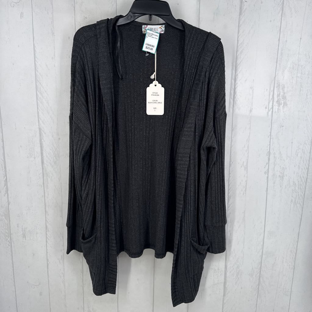 L ribbed open front hooded cardi