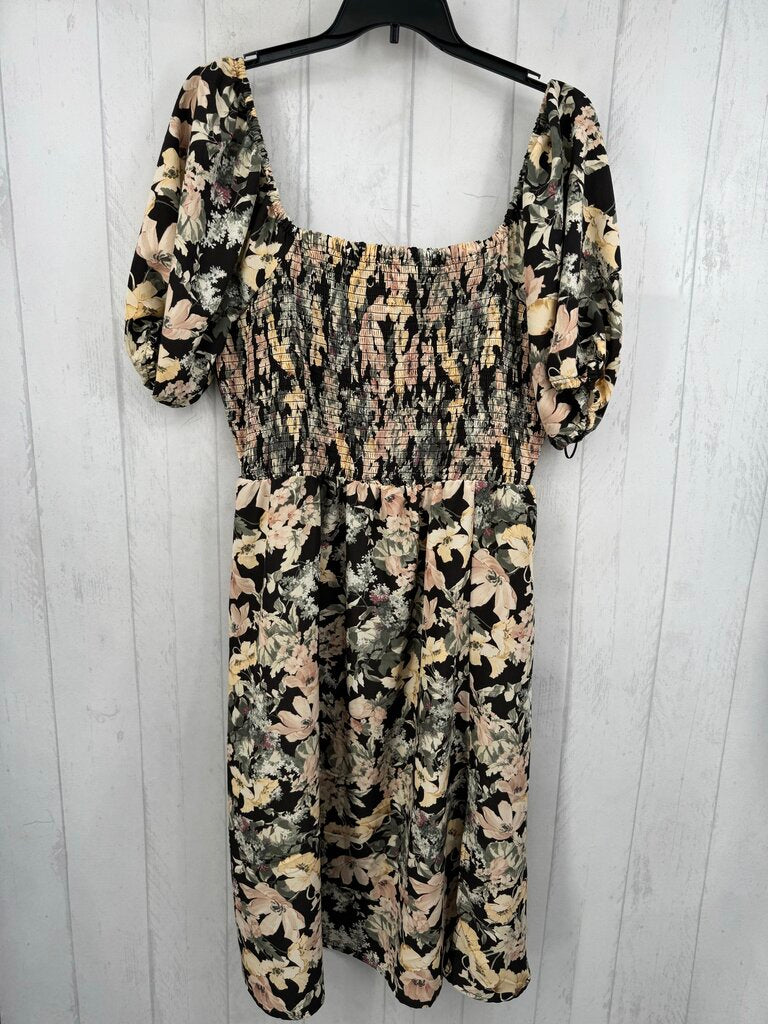 1X smocked flo print s/s dress