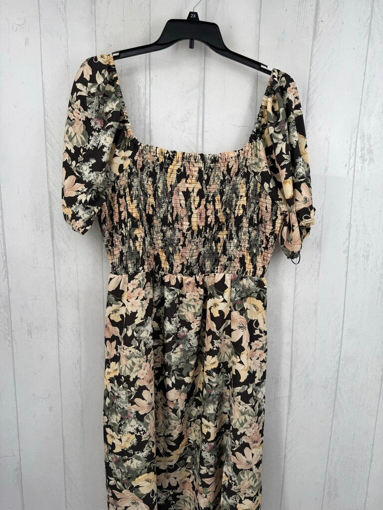 1X smocked flo print s/s dress