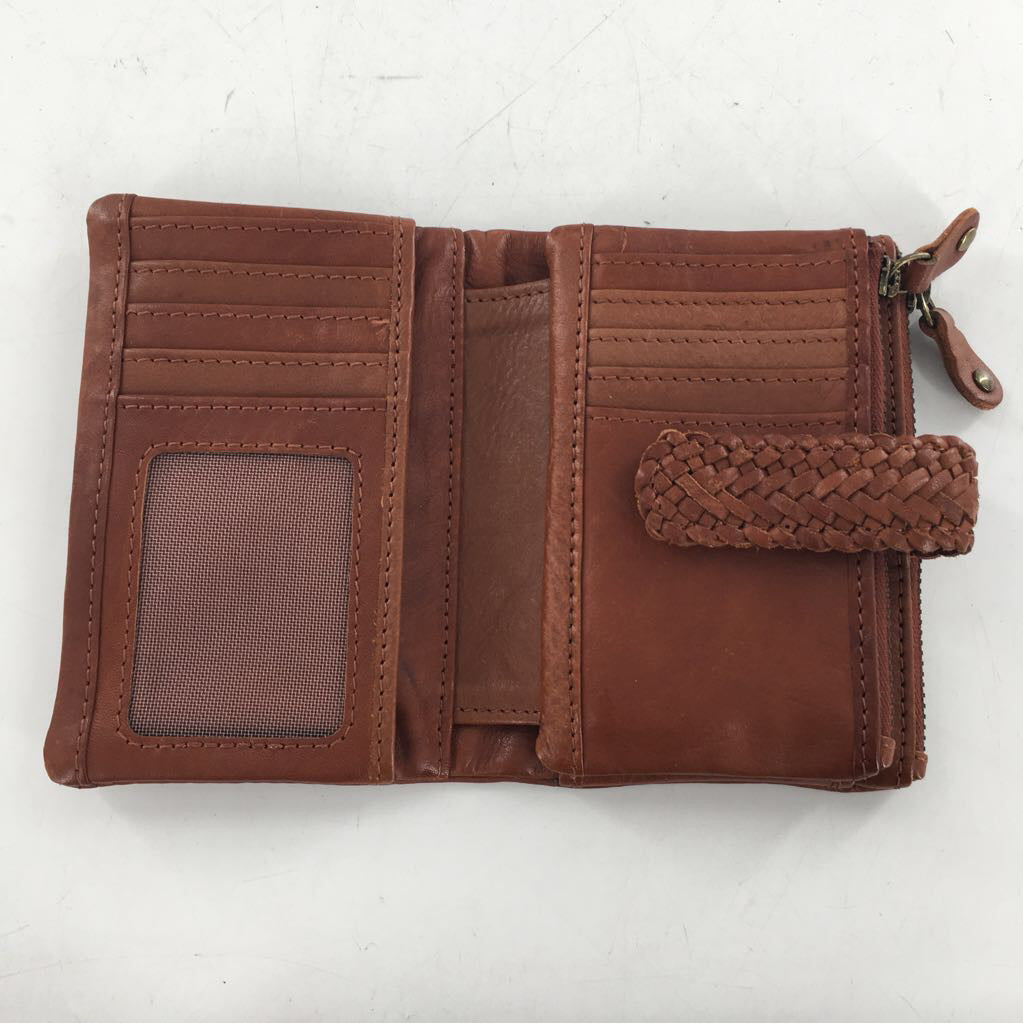 leather braided tab closure bifold wallet