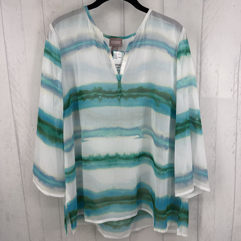 L sheer striped split neck 3/4 slv top