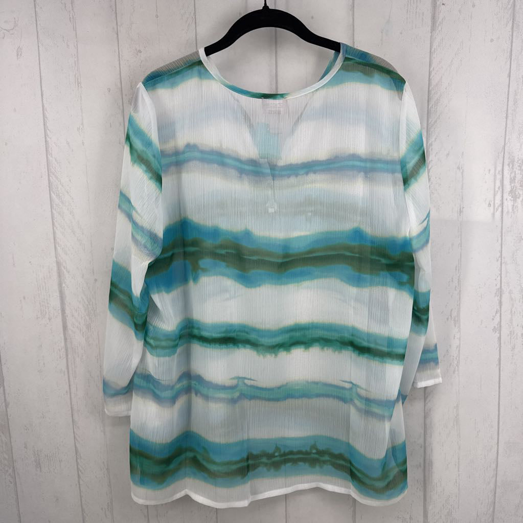L sheer striped split neck 3/4 slv top