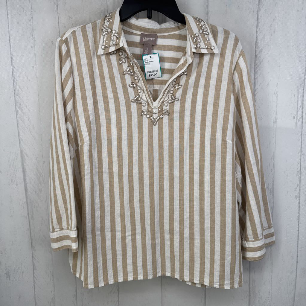 L embelished striped split neck 3/4 slv top