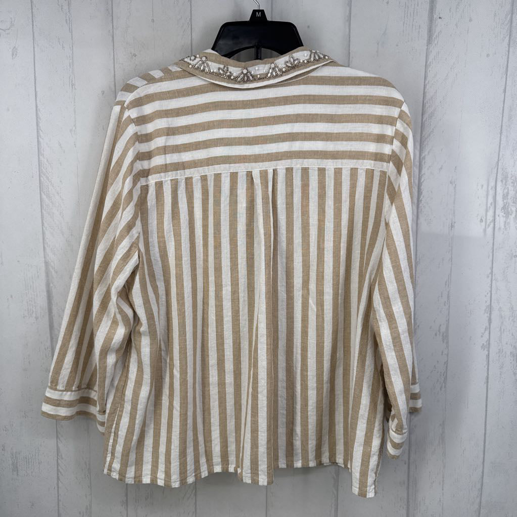 L embelished striped split neck 3/4 slv top