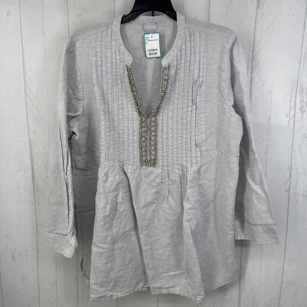 XL embelished split neck pleated l/s top