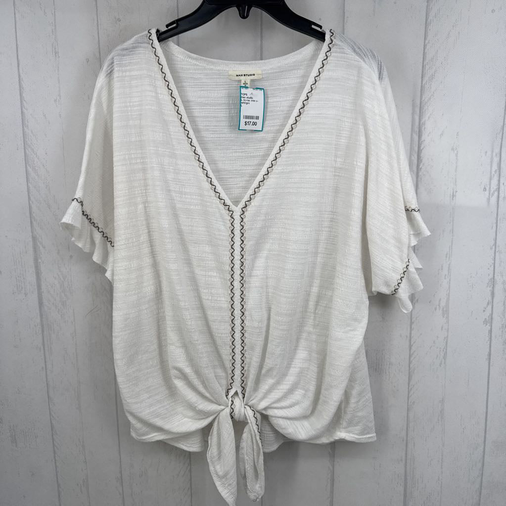 L ric-rac trim v-neck flutter slv top s/s