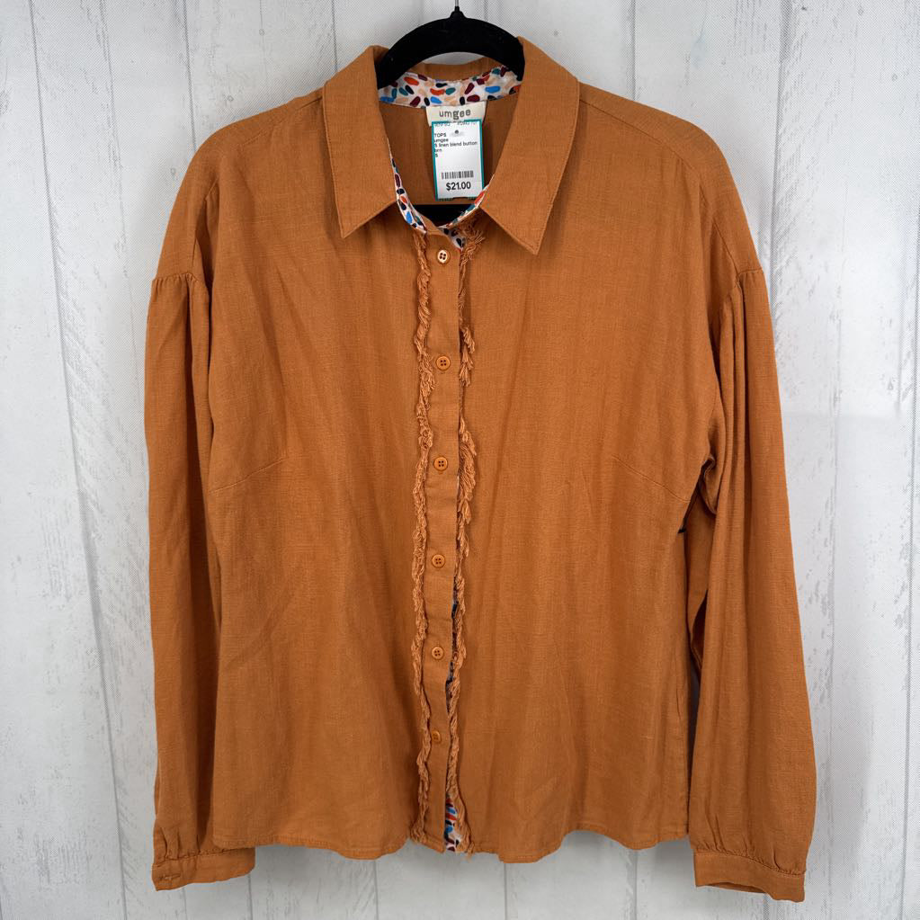 S linen blend button down l/s top