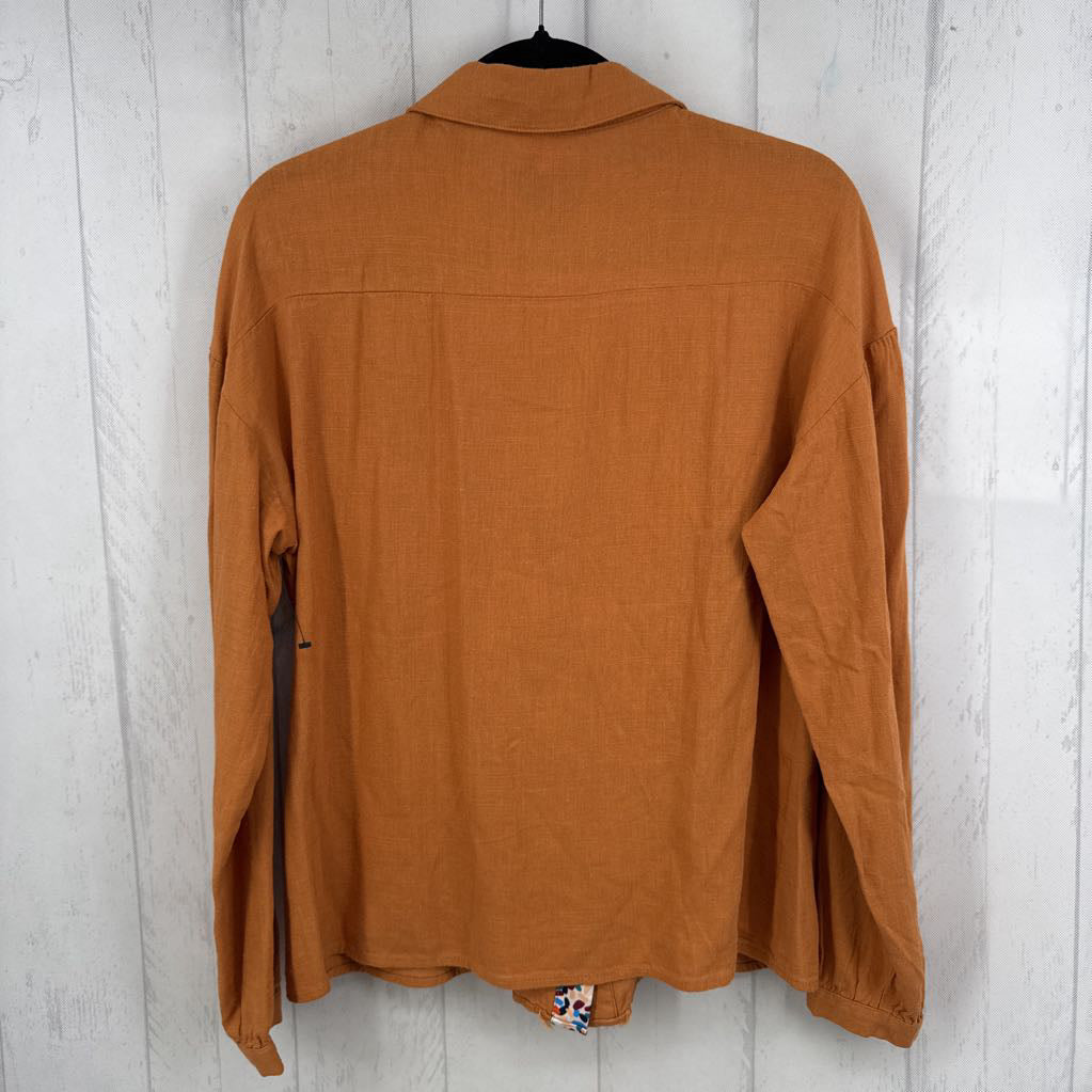 S linen blend button down l/s top