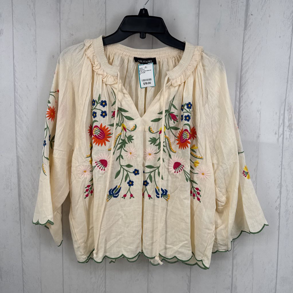 M flo embroidered tie front 3/4 slv top