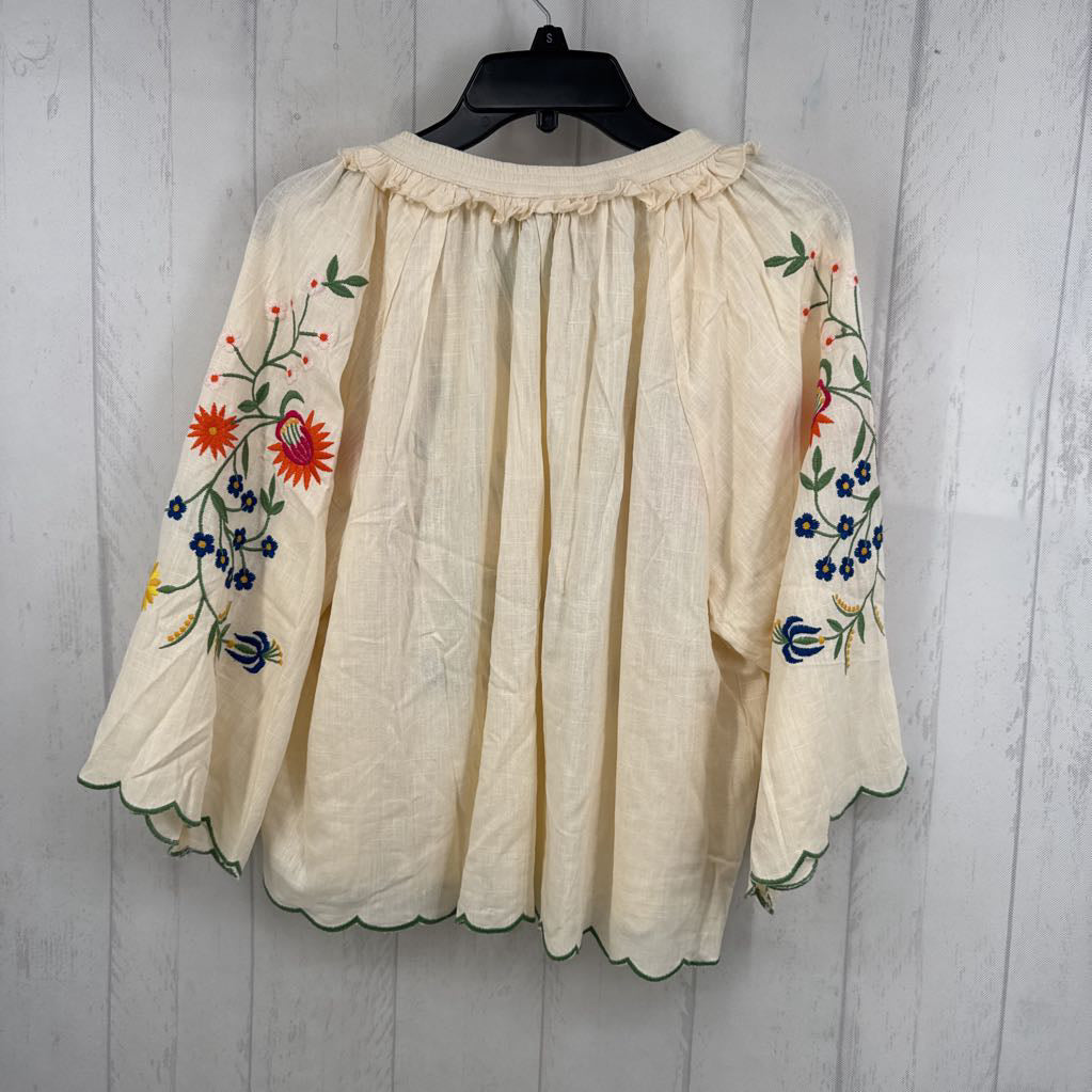 M flo embroidered tie front 3/4 slv top