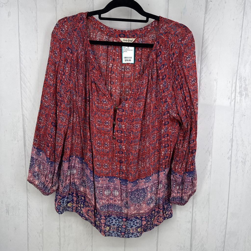 XL colorful printed button front 3/4 slv top