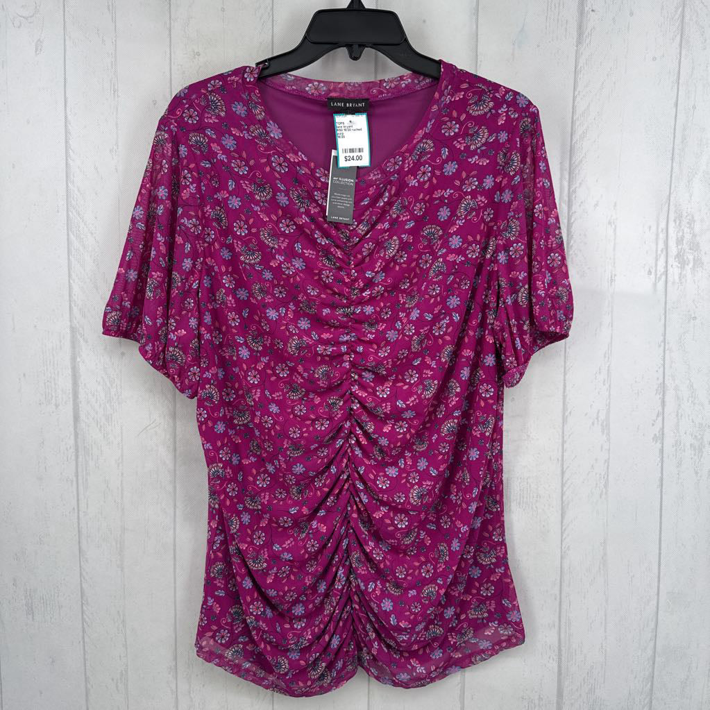R50 18/20 ruched flo print s/s top