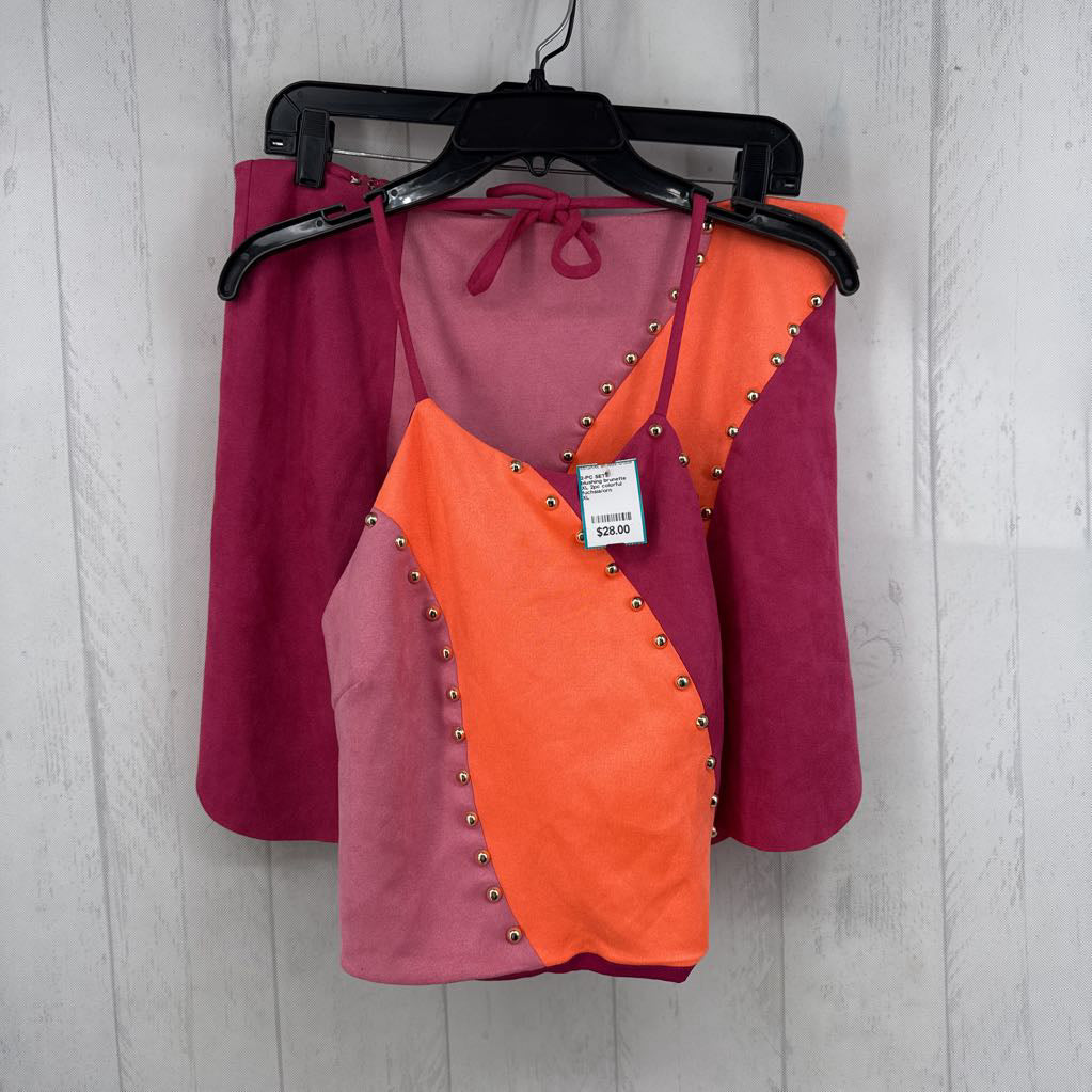 XL 2pc colorful studded skirt set