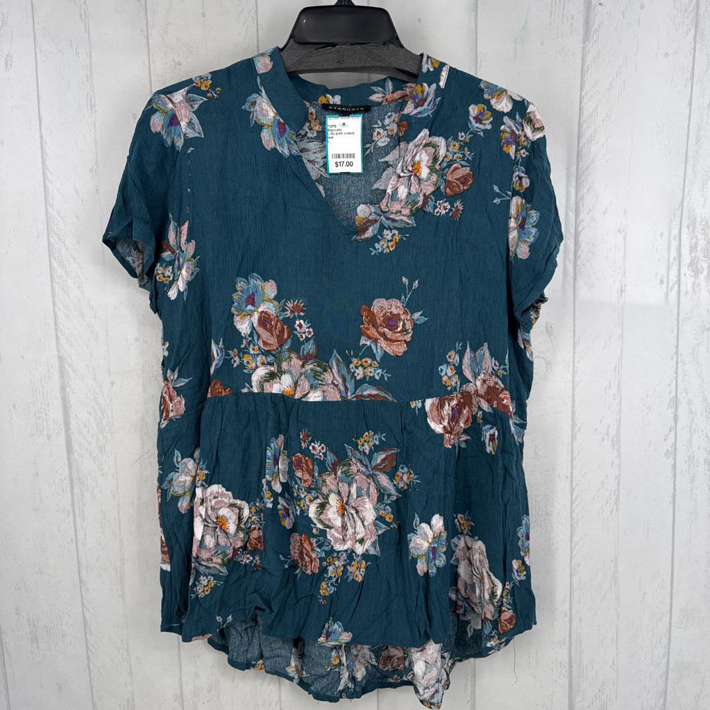 L flo print v-neck s/s peplum top