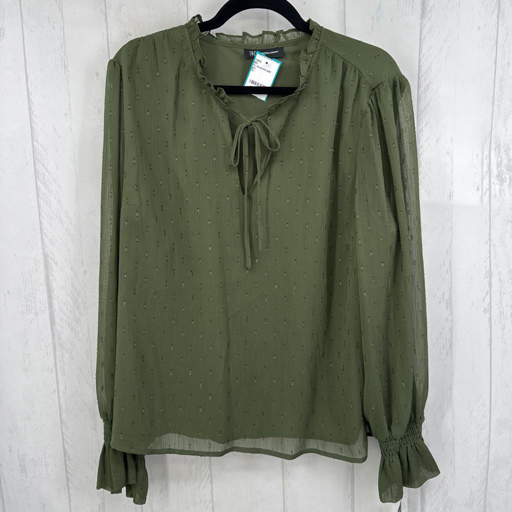 XL textured split neck tie front l/s top