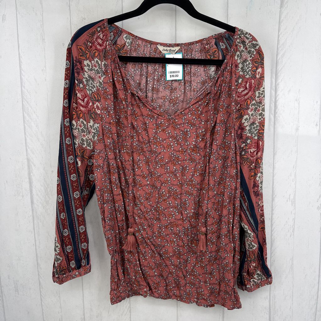 XL flo print tassel tie l/s top
