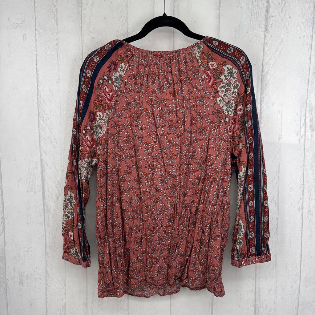 XL flo print tassel tie l/s top