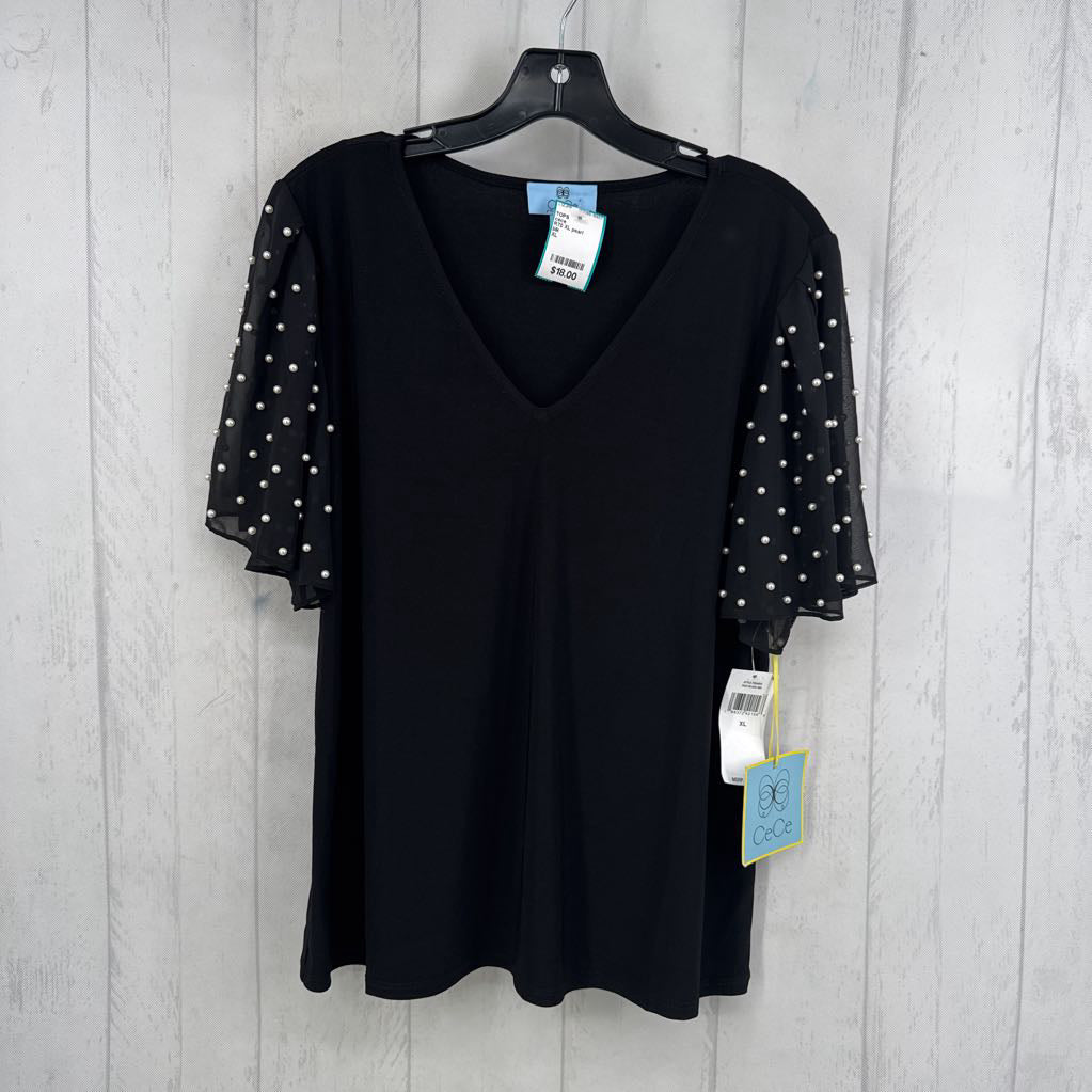R70 XL pearl embellished slv v-neck top