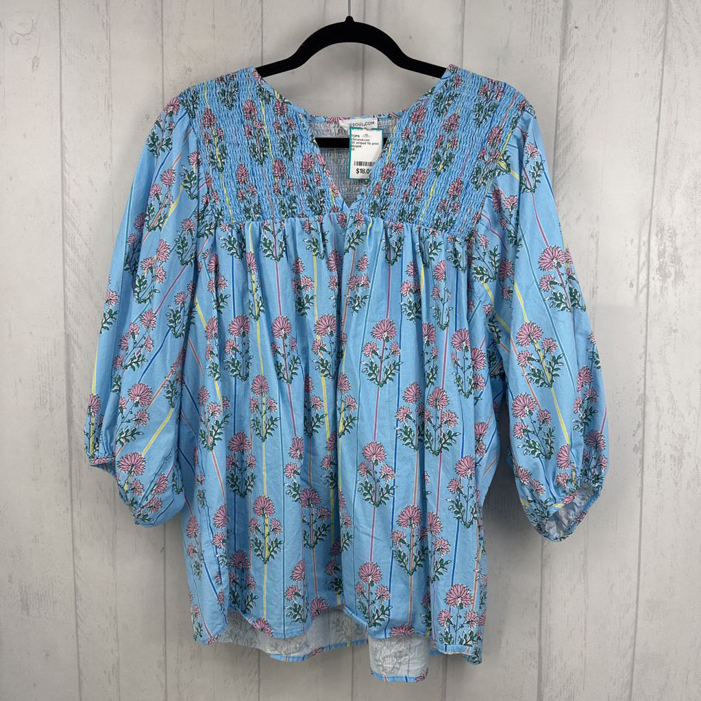 3X striped flo print split neck 3/4 slv top