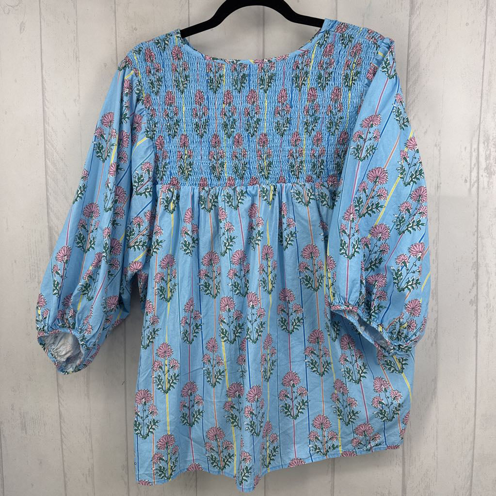 3X striped flo print split neck 3/4 slv top