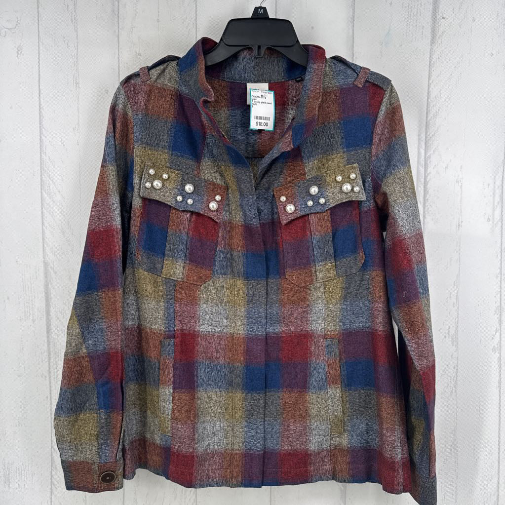 S l/s zip plaid pearl embellished jaclet