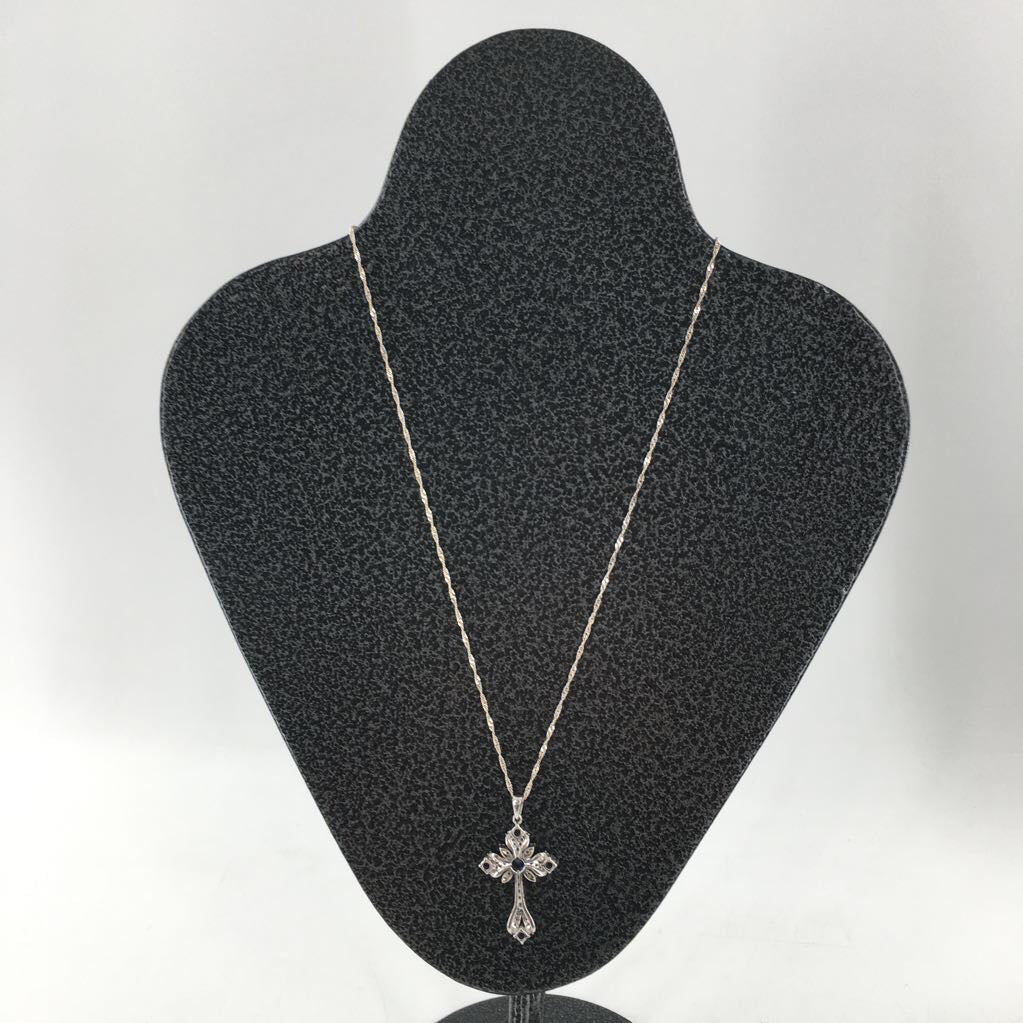 .925 silver cz & blu stone cross pendant necklace