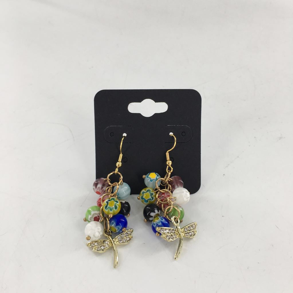 floral beaded dragonfly dangle earrings