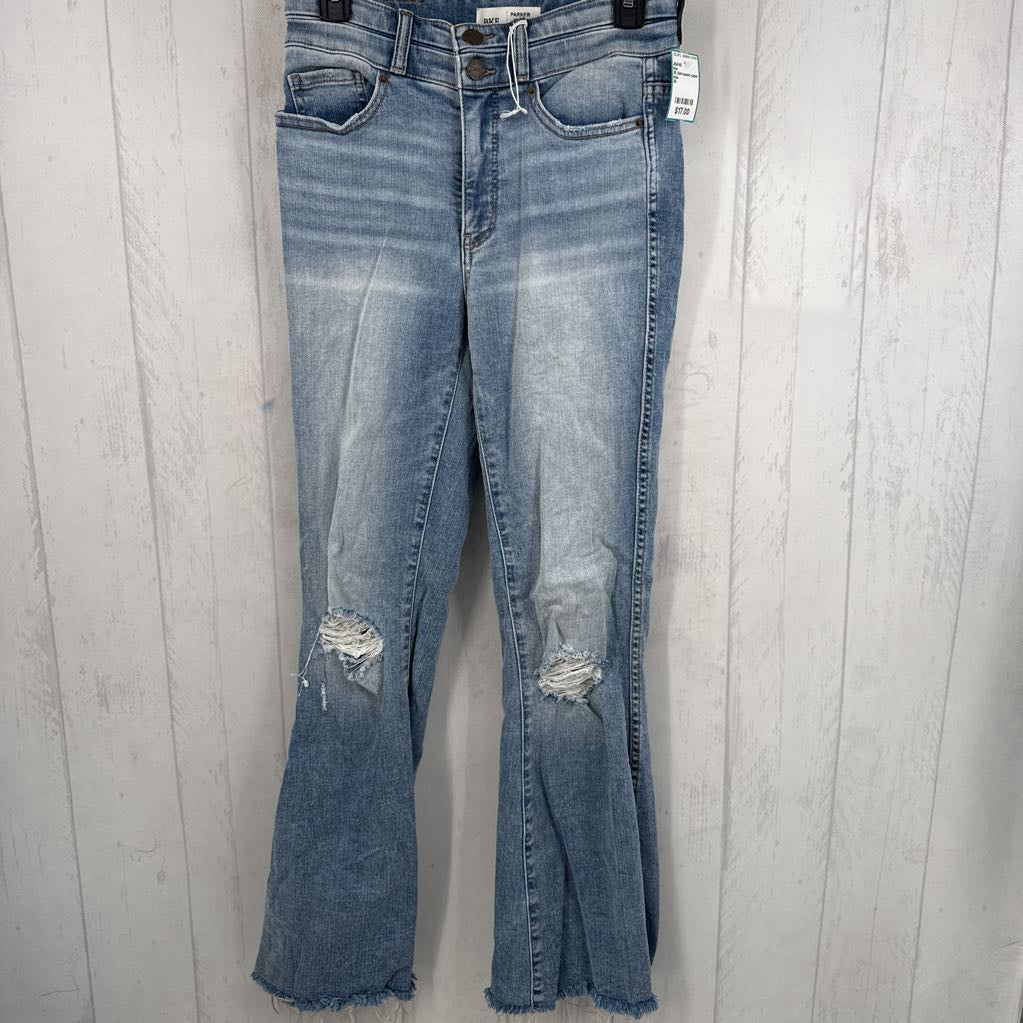 25 distressed super flare jeans