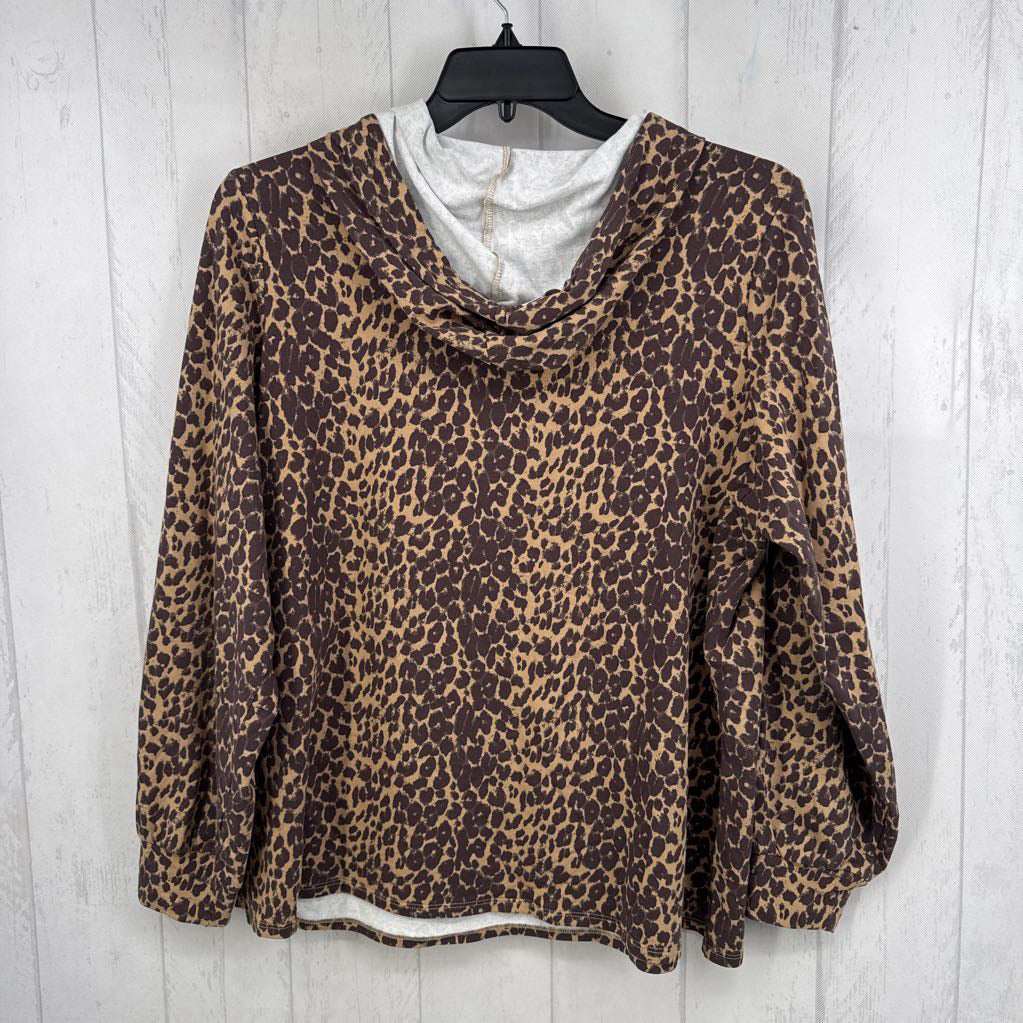Faux Leather Trim Front Pocket Leopard Hoodie Shirt