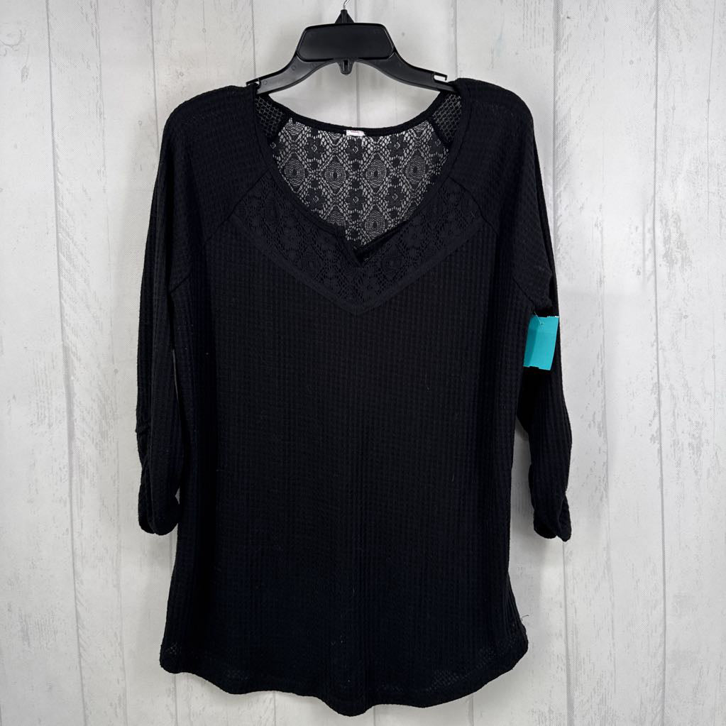 L waffle knit lace accent 3/4 slv top