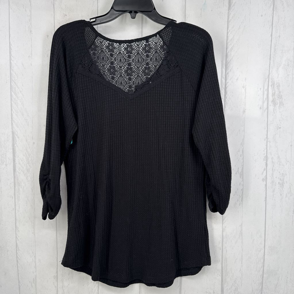 L waffle knit lace accent 3/4 slv top
