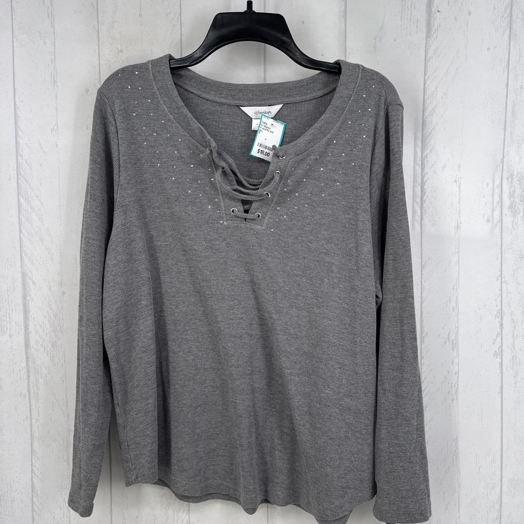 X waffle knit embelished lace-up l/s top