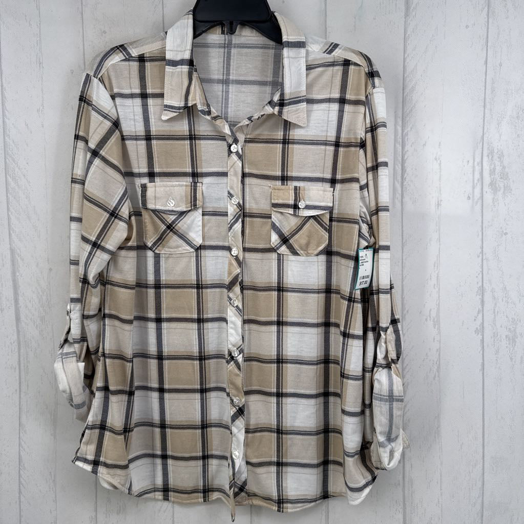 L plaid button down tab slv top