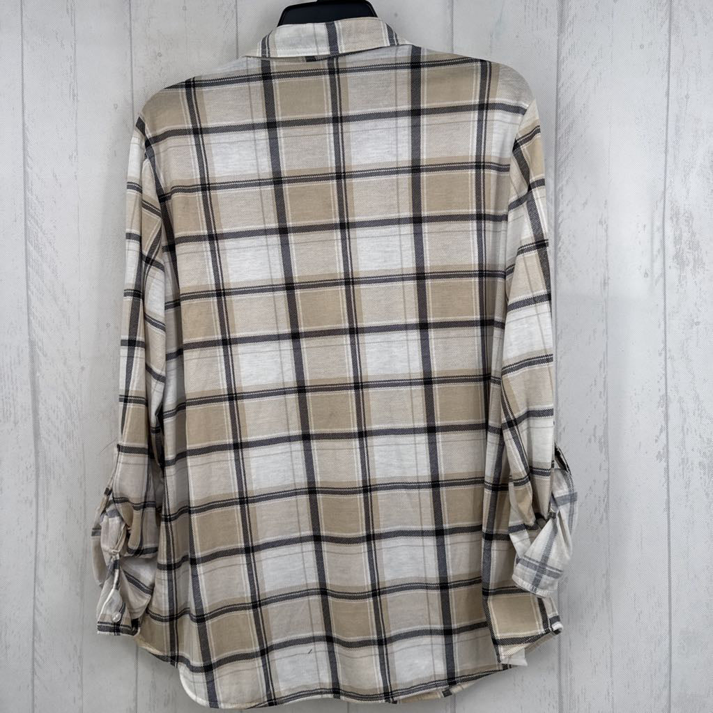 L plaid button down tab slv top
