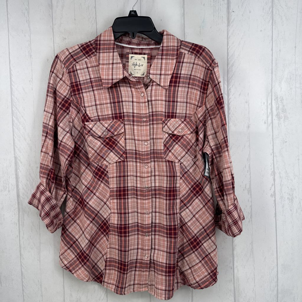 L plaid button down tab slv top