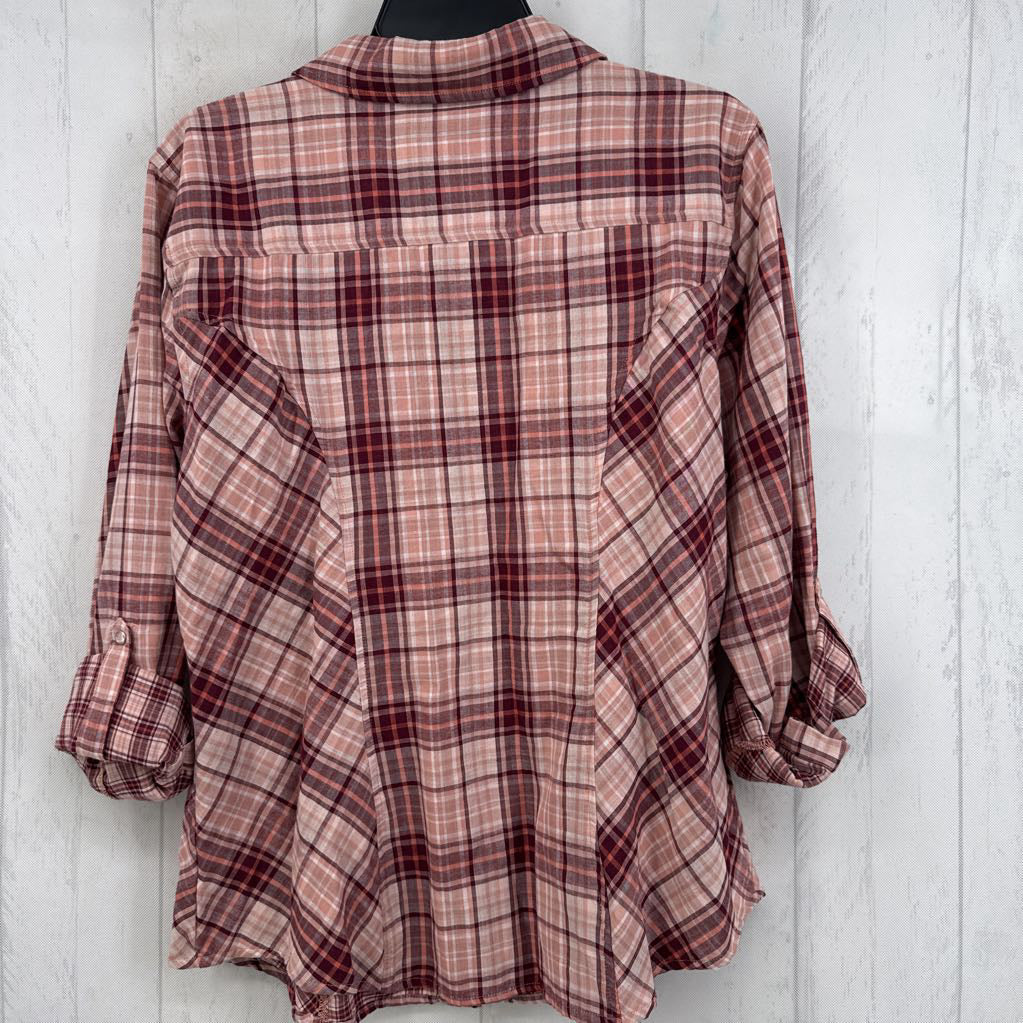 L plaid button down tab slv top