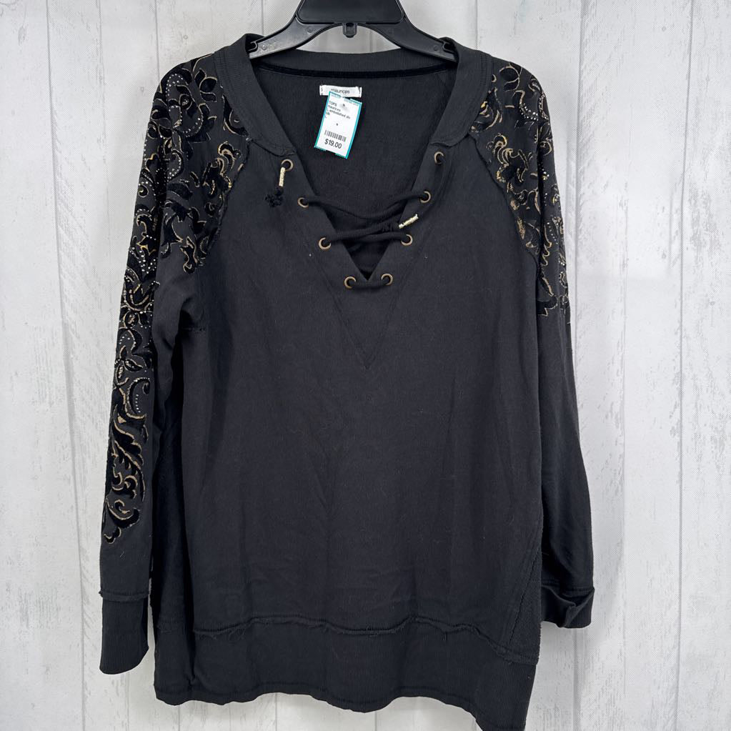 L embelished slv lace-up front l/s top