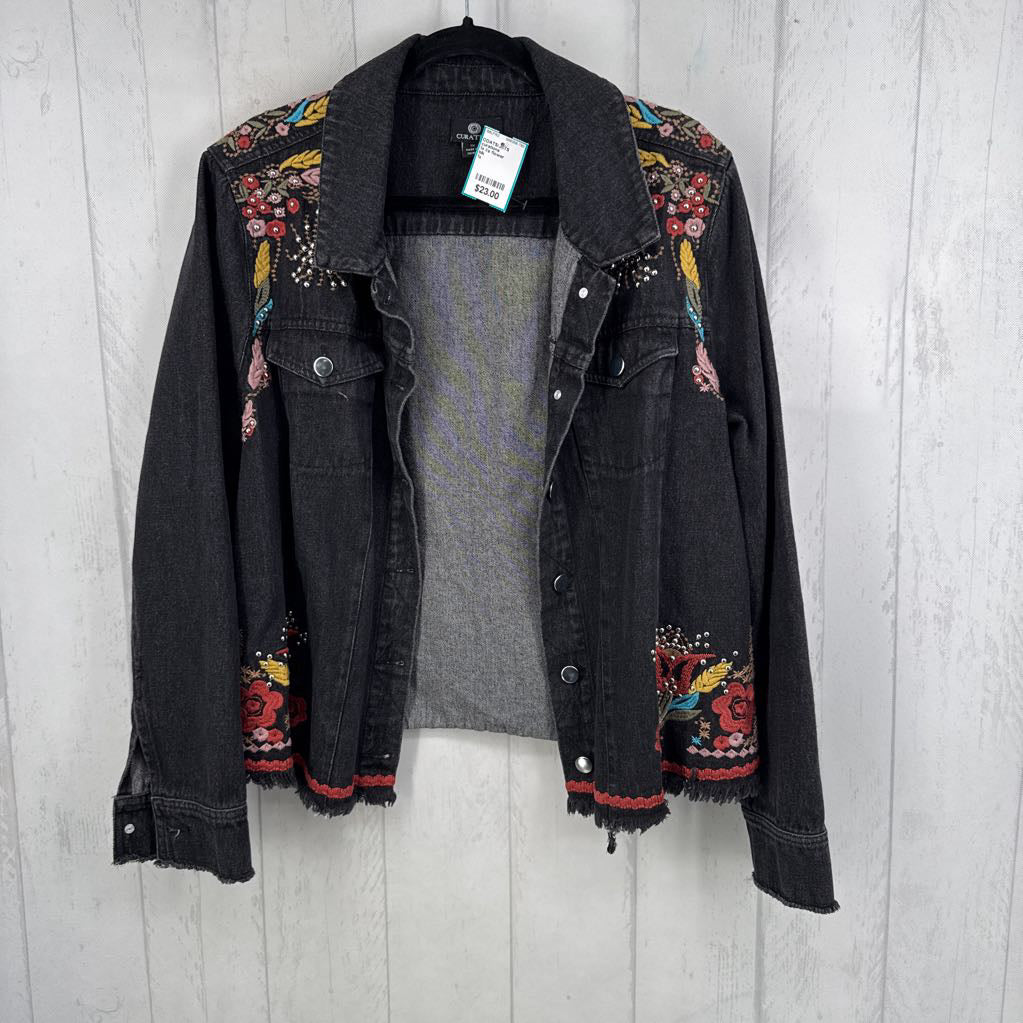 1x l/s flower embroidered button jean jacket