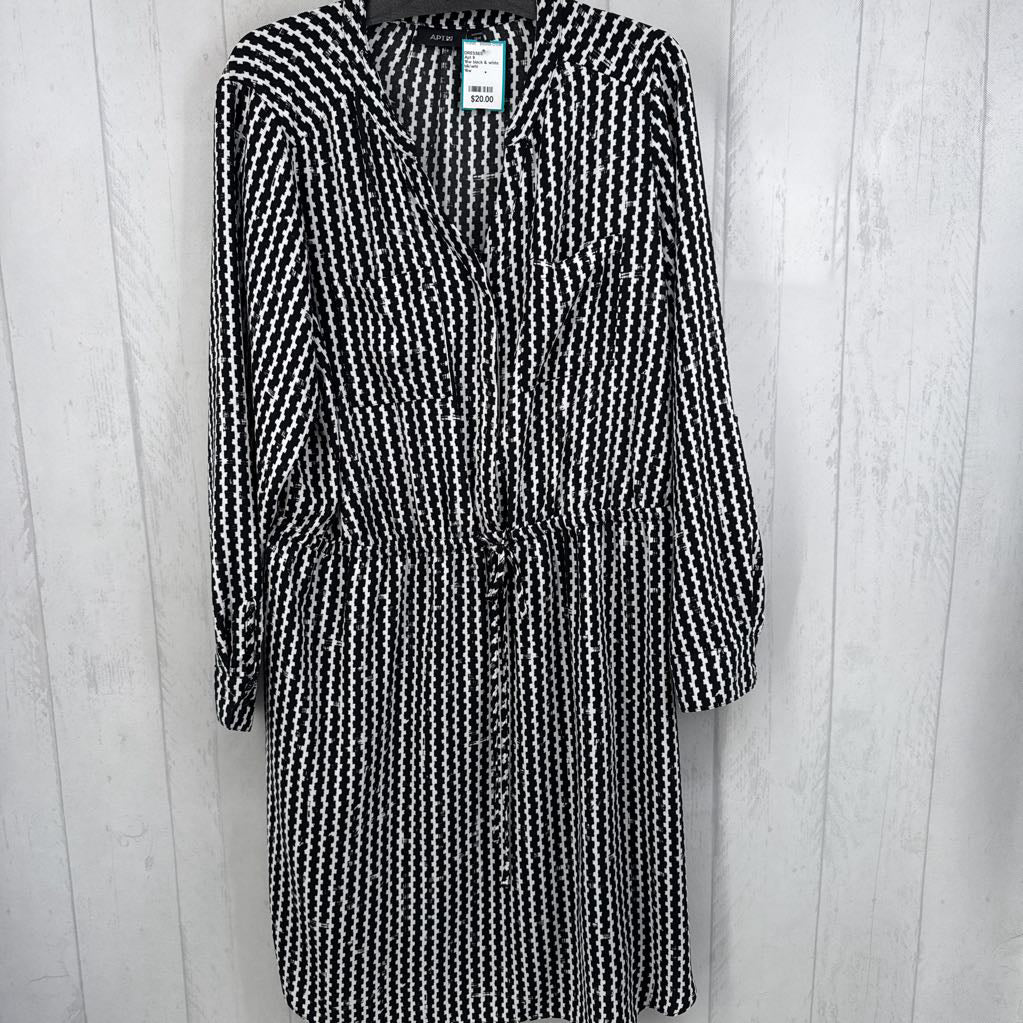 16w black & white drawstring waist l/s dress