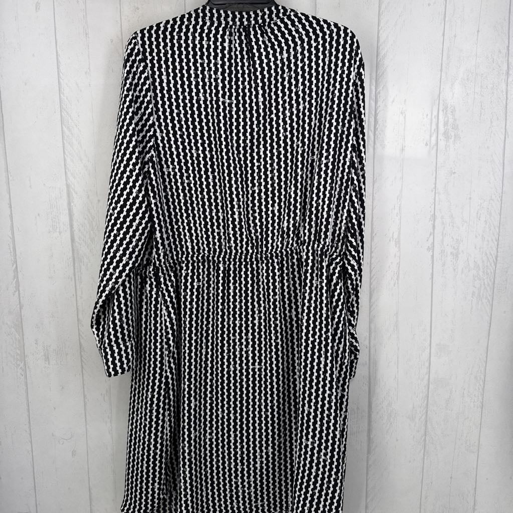 16w black & white drawstring waist l/s dress