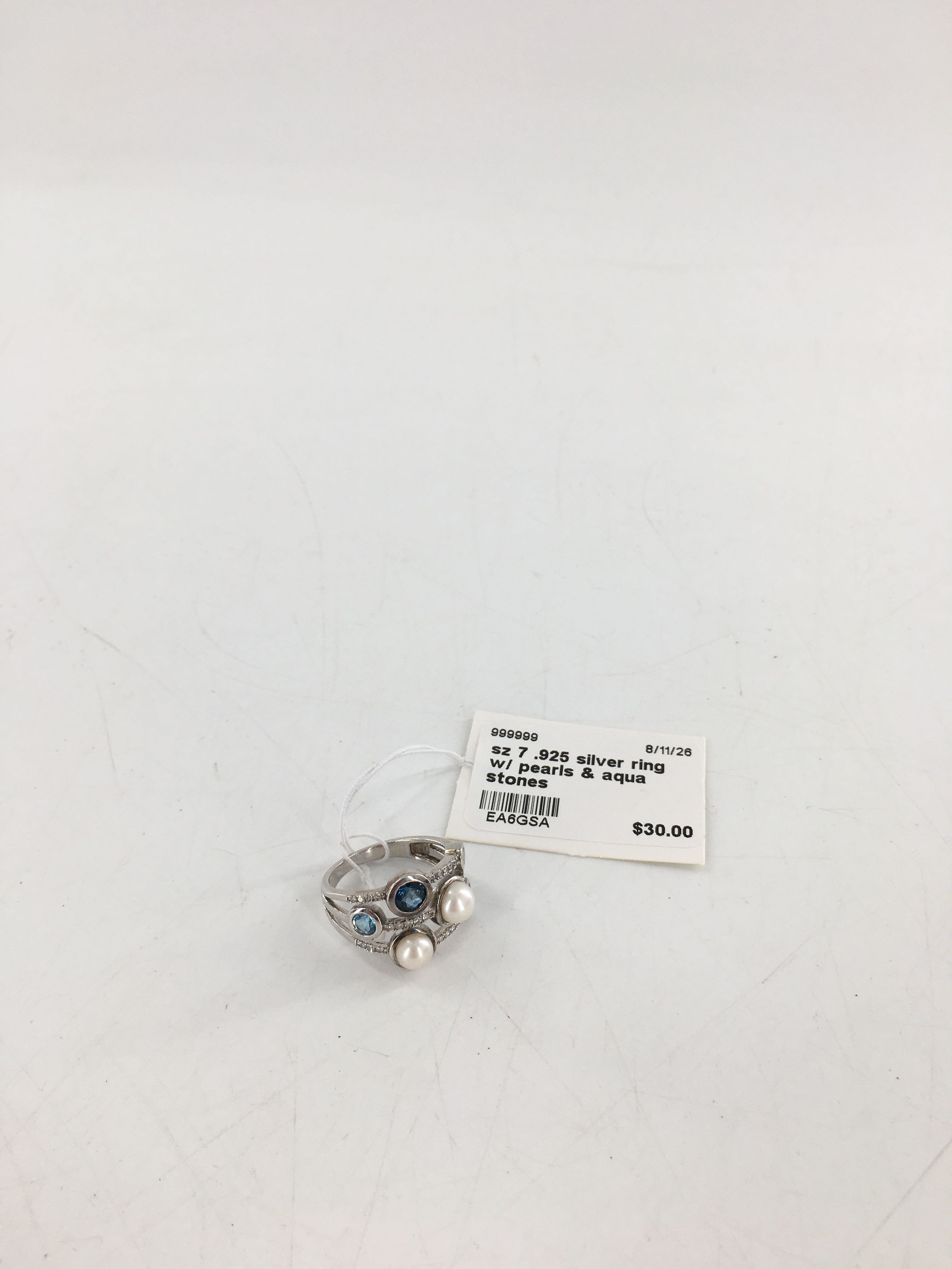 sz 7 .925 silver ring w/ pearls & aqua stones