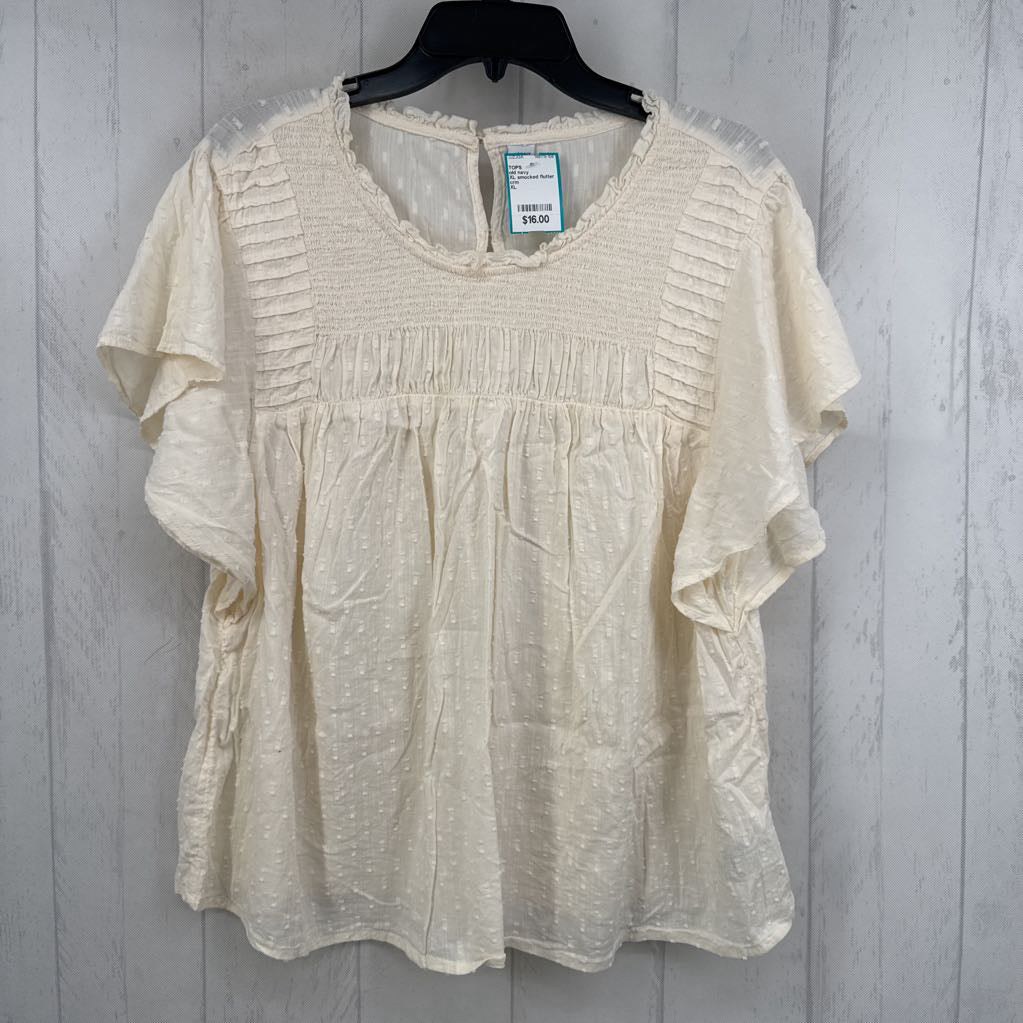 XL smocked flutter slv top s/s