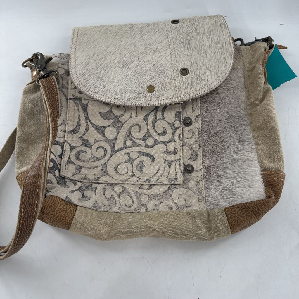 hair on cowhide swril pattern messenger bag
