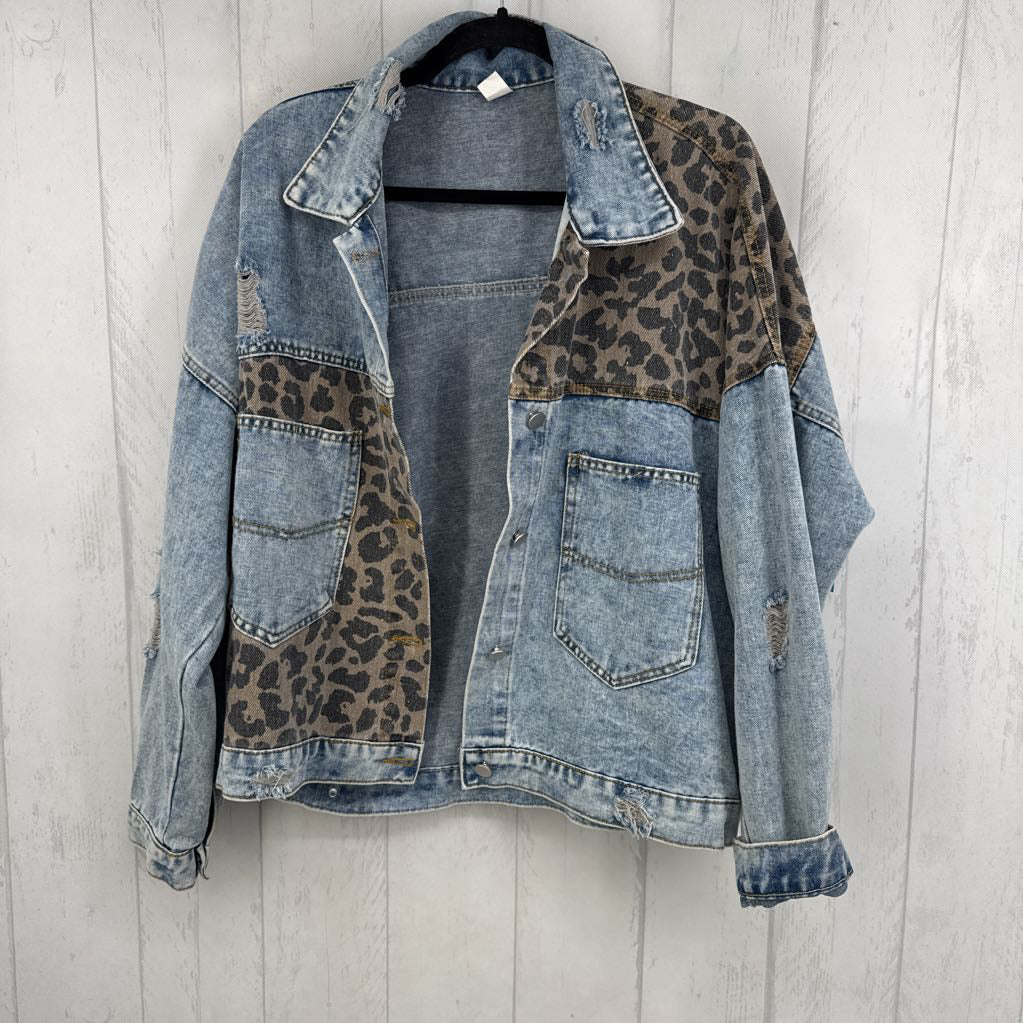 XXL l/s animal print distressed jean jacket