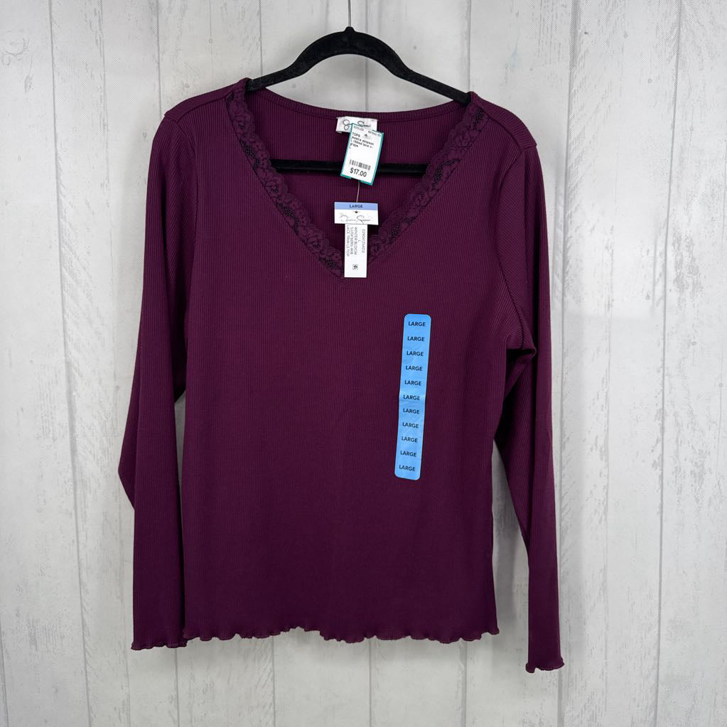 L ribbed lace v-neck scallop l/s top