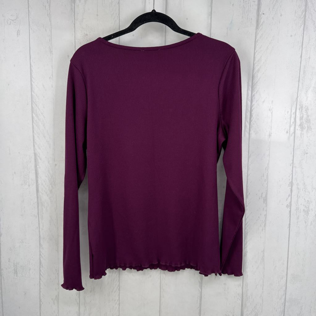 L ribbed lace v-neck scallop l/s top