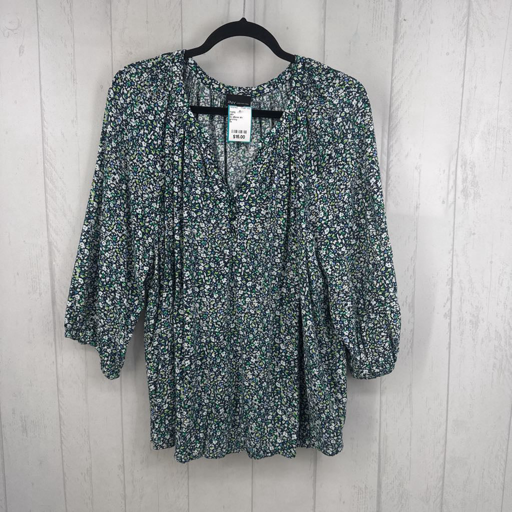 3x elbow slv pleated flower print top